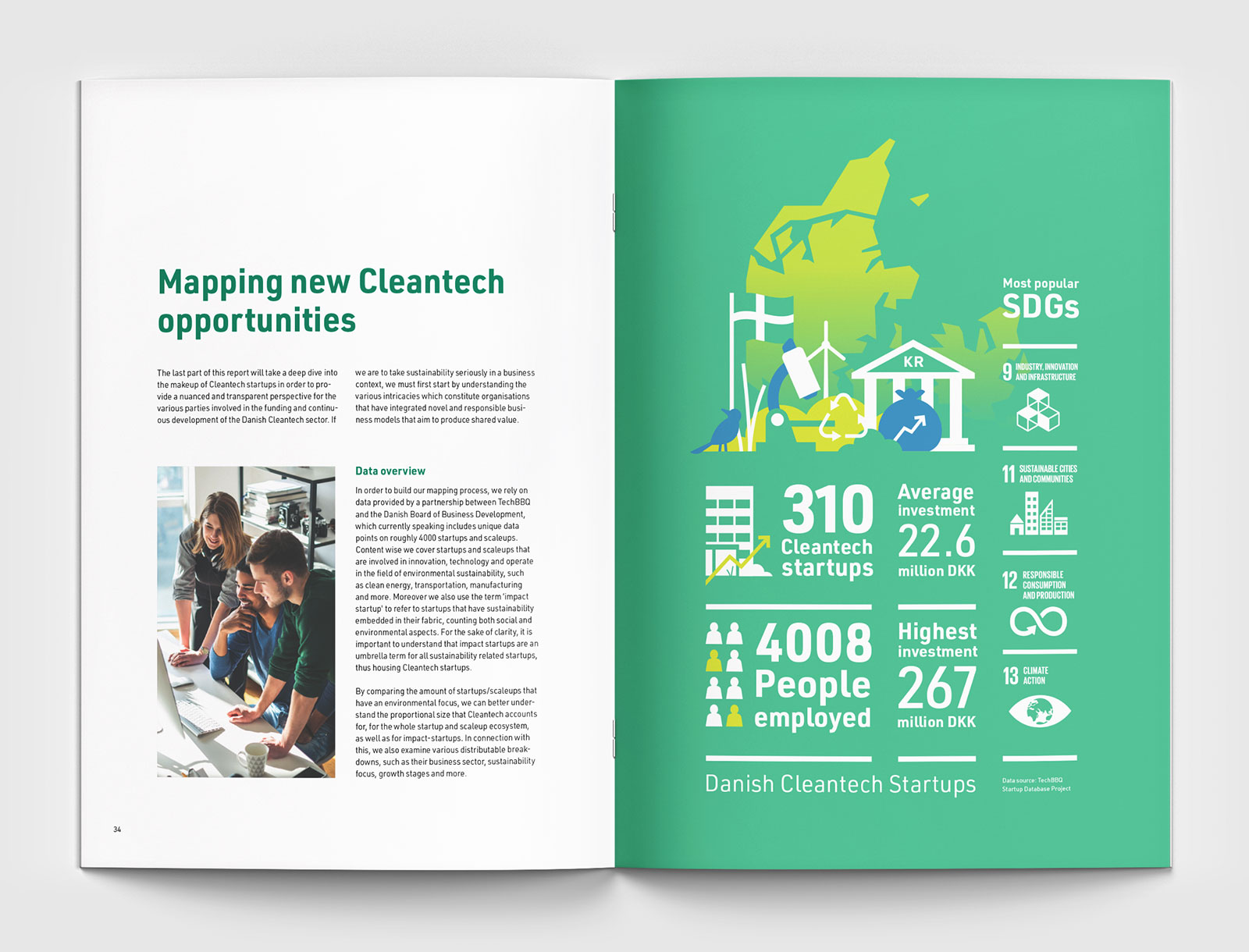 Opslag med infografik og foto fra layout af cleantech rapport