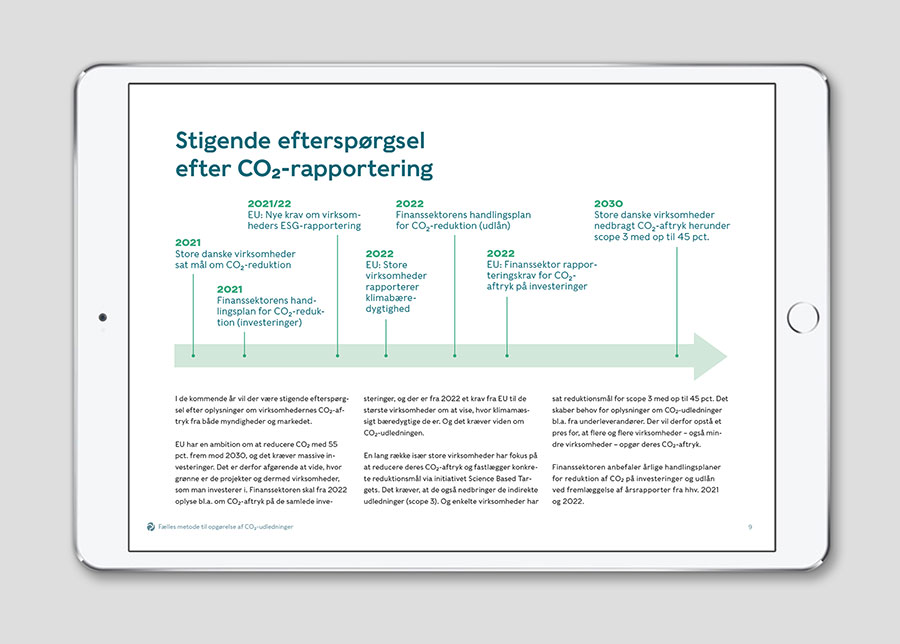 Layout af opslag vist på iPad fra rapporten med tidslinje og overskriften 'Stigende efterspørgsel efter CO2-rapportering'.