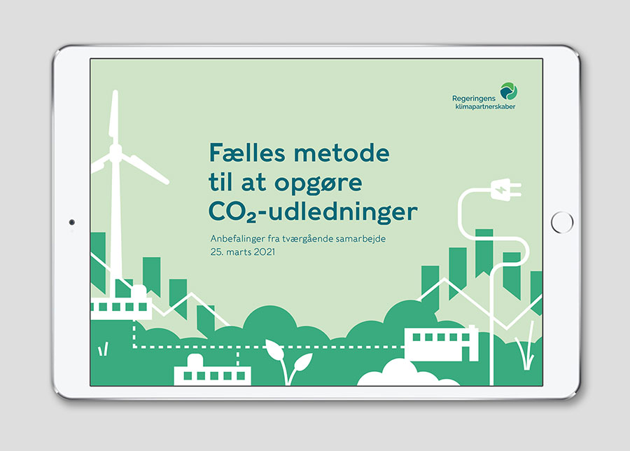 Layout af opslag vist på iPad fra rapporten med forsiden fra rapporten 'Fælles metode til at opgøre CO2-udledninger.'