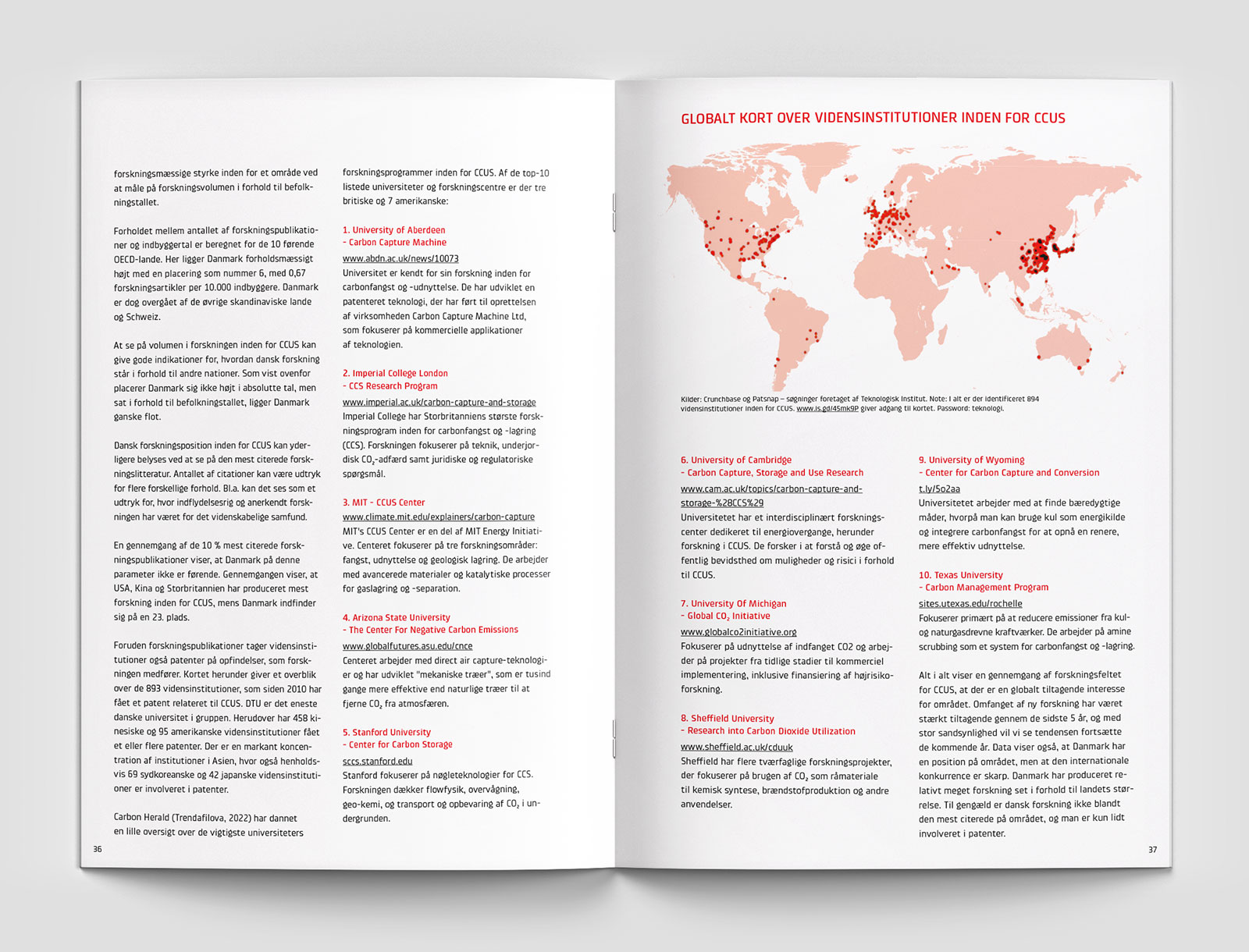Layout af opslag fra rapportserien Teknologisk Udsyn. Opslaget er et tekstopslag med et verdenskort øverste på højre side der viser placeringen af vidensinstitutioner indenfor CCUS.